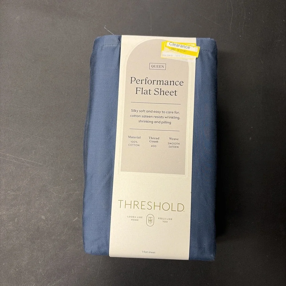 Threshold Performance Cotton Sateen QUEEN Flat Sheet Blue 400 TC Smooth 20564